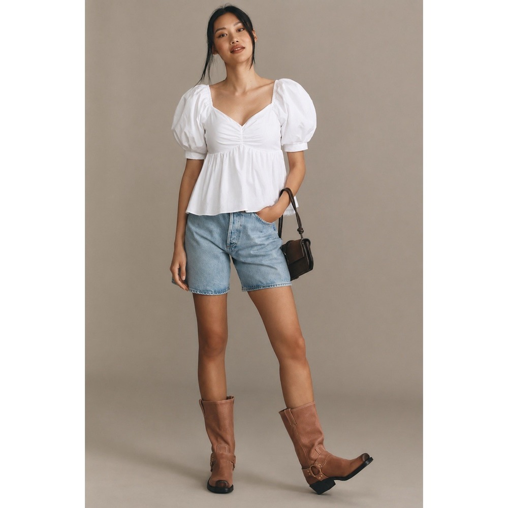 English Factory White Puff Sleeve Cropped Blouse NWOT Size S Babydoll Cotton Top
